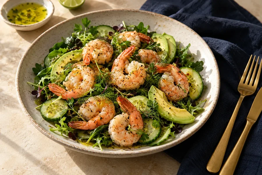 Imagen ilustrativa de Camarones con ensalada verde
