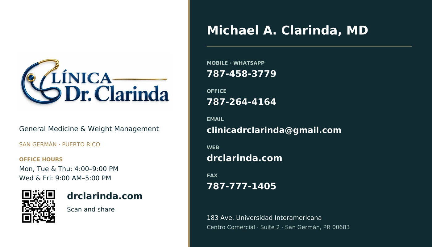 Clínica Dr. Clarinda business card with phone numbers, fax, email, website, address, and QR code.