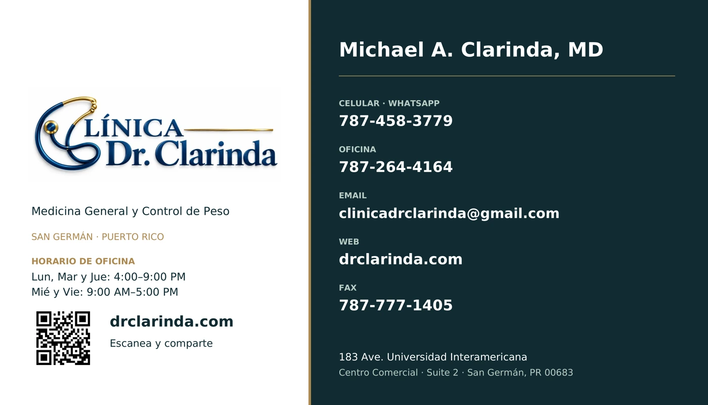 Tarjeta de Clínica Dr. Clarinda con teléfonos, fax, email, sitio web, dirección y código QR.