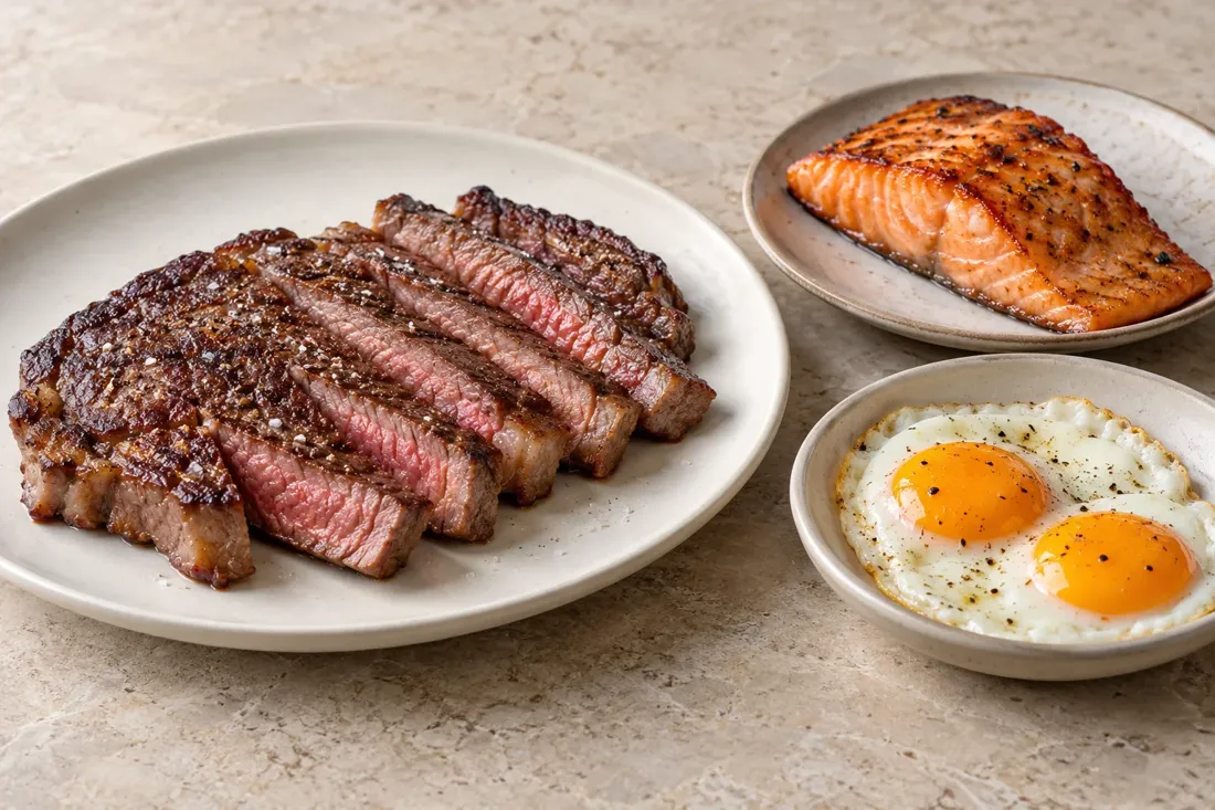 Portada de cocina carnívora: carne, pescado y huevo