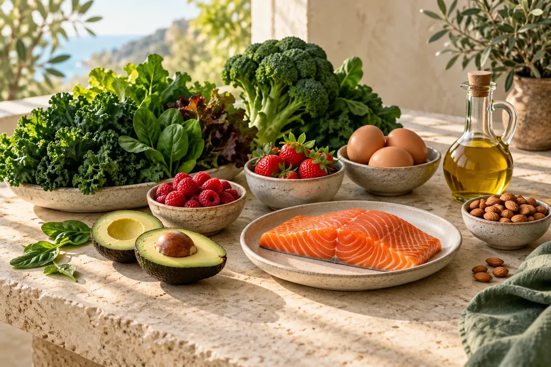 Vegetales, aguacate, berries, huevos, salmón y almendras en platos separados