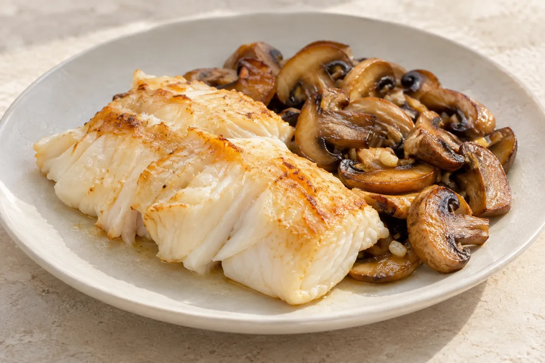 Imagen ilustrativa de Bacalao fresco con champiñones dorados
