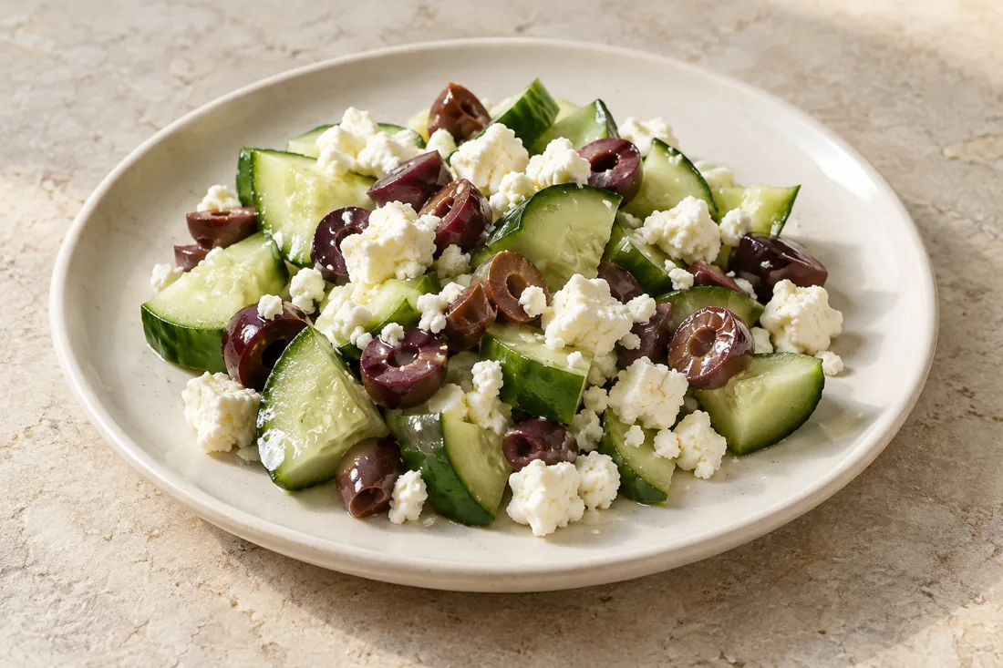 Imagen ilustrativa de Pepino con feta y aceitunas